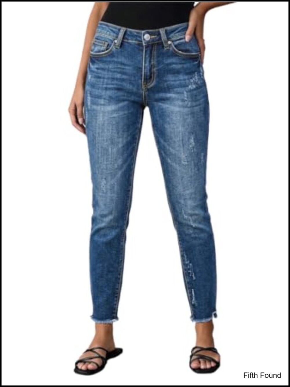 Mid Rise Cropped Skinny Jeans Stretchy Ripped Raw Hem Distressed Denim